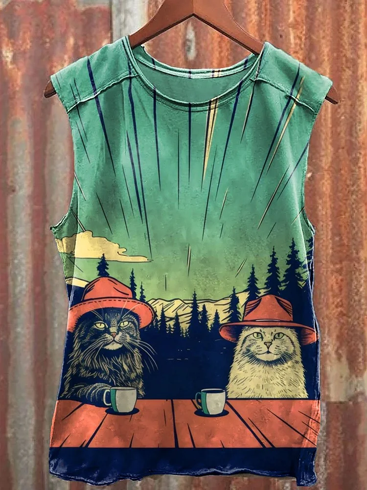 Teecade Teecade Vintage Cats Chilling In Nature with Coffee Wall Print Casual Tank Top