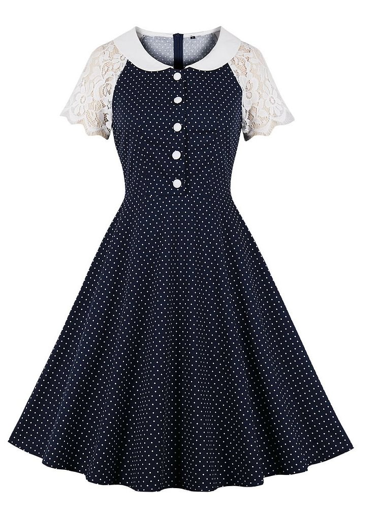 Mayoulove Doll Collar Dress Polka Dot Lace Sleeve Button Vintage Swing Dresses-Mayoulove