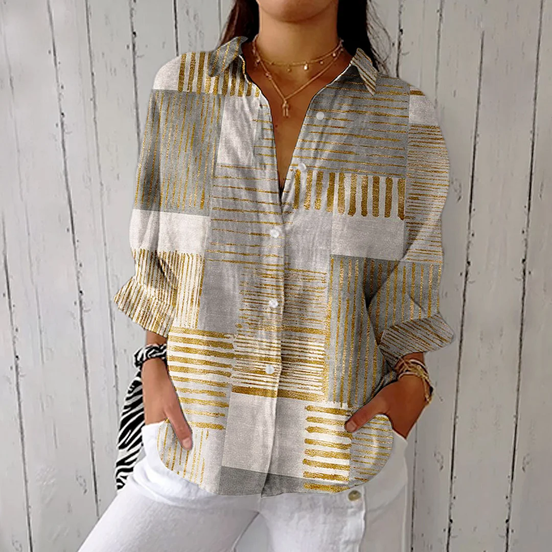 Women's Vintage Abstract Geometric Color Blocks Art Print Casual Linen V-neck Shirt