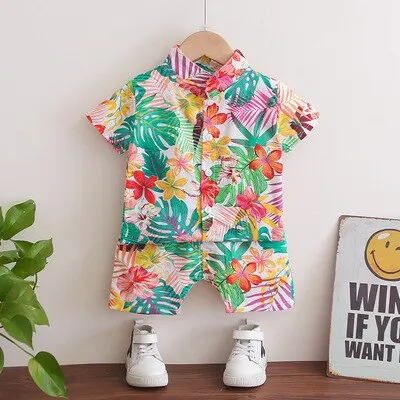 Boys/Girls Short-sleeved Shirt+Shorts Set 2021 Summer New Fashionable and Handsome 1-2-3-4-5 Years Old Kids Beach Vacation Suit