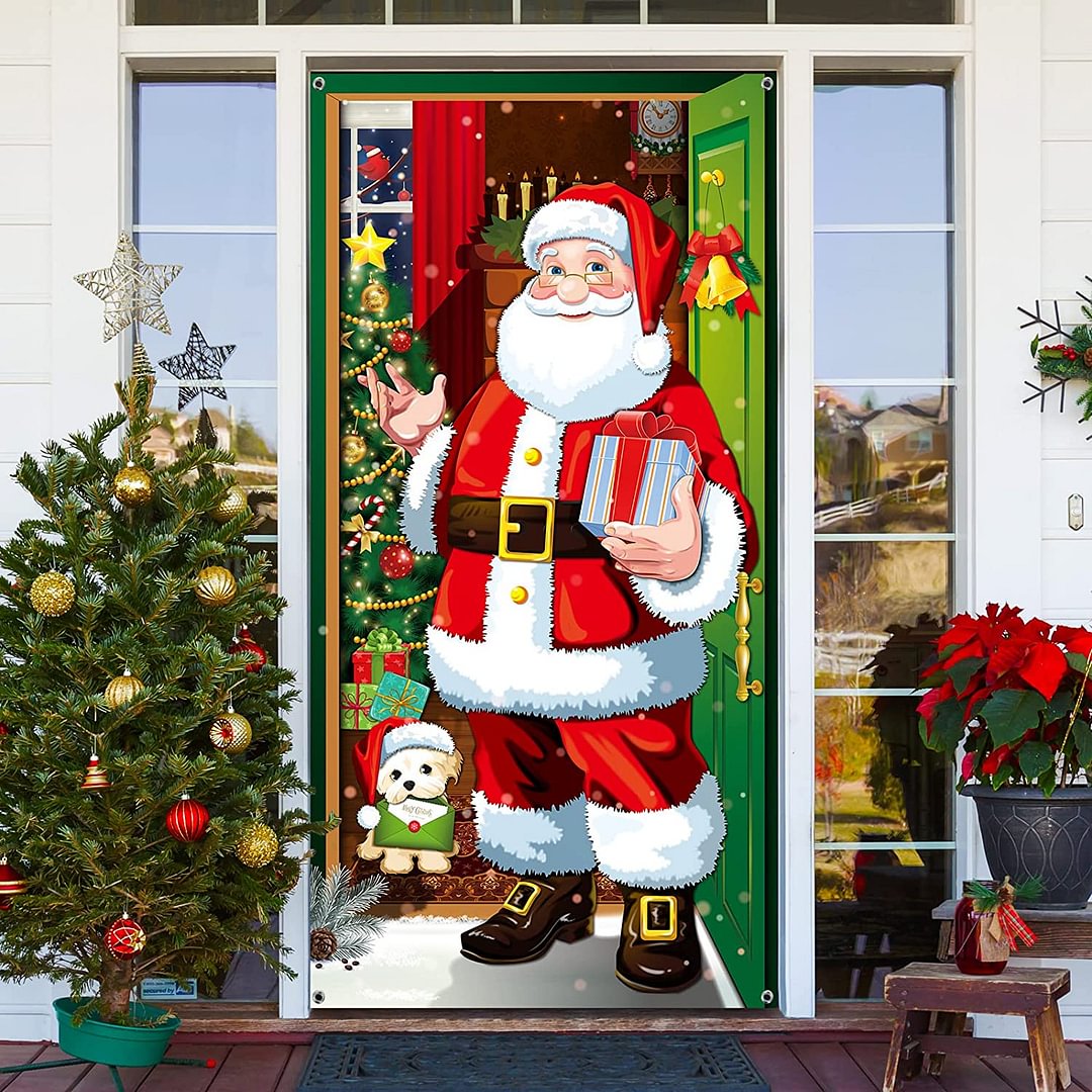 Santa Claus background banner with Christmas decorations at home front door