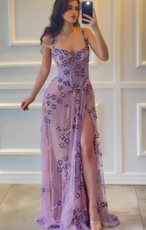 Dazzling Lilac Spaghetti-Straps Split Sleeveless Beadings Prom Dress YK0249