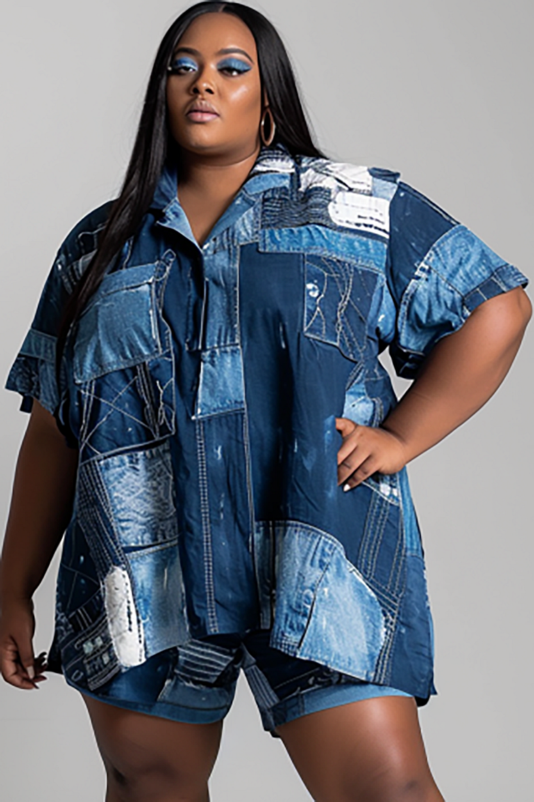 Xpluswear Design Plus Size Casual Blue Denim Print Shirt Collar Short Sleeve Button Knitted Two Piece Short Sets