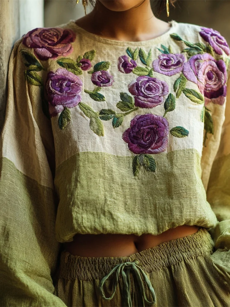 VChics Vintage Floral Embroidery Women's Linen Loose Shirt