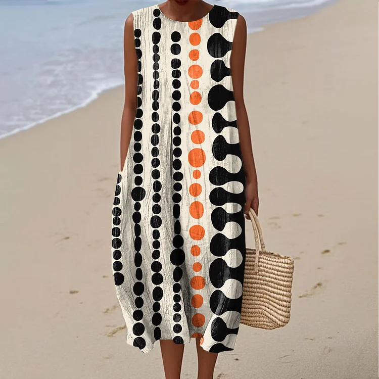 Women's Vintage Color Block Dot Art Print Sleeveless Cotton Pocket Wrap Dress