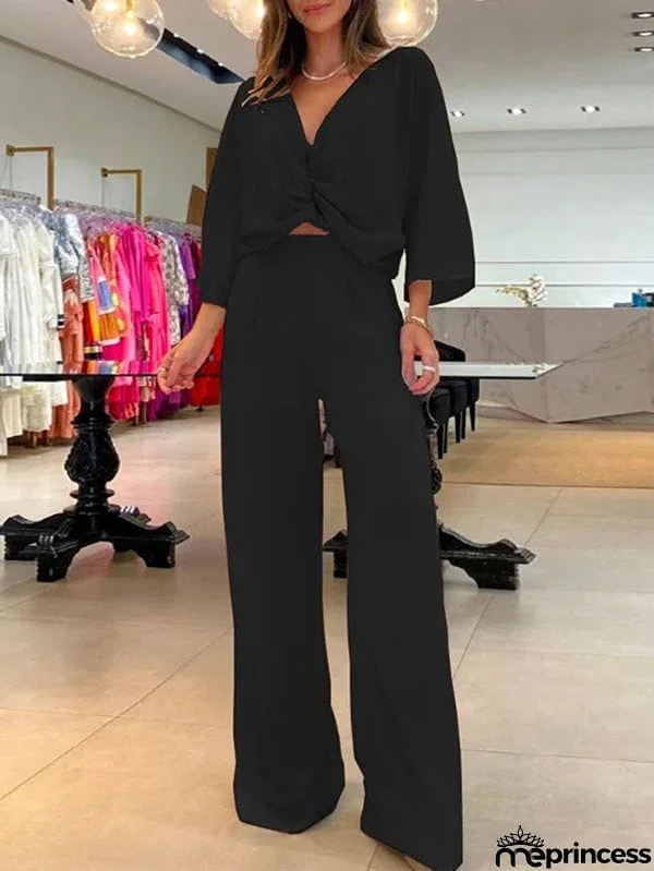 Solid Color Triangle Bras + Three-Quarter Sleeves Blouse + Pants Trousers Three Pieces Set