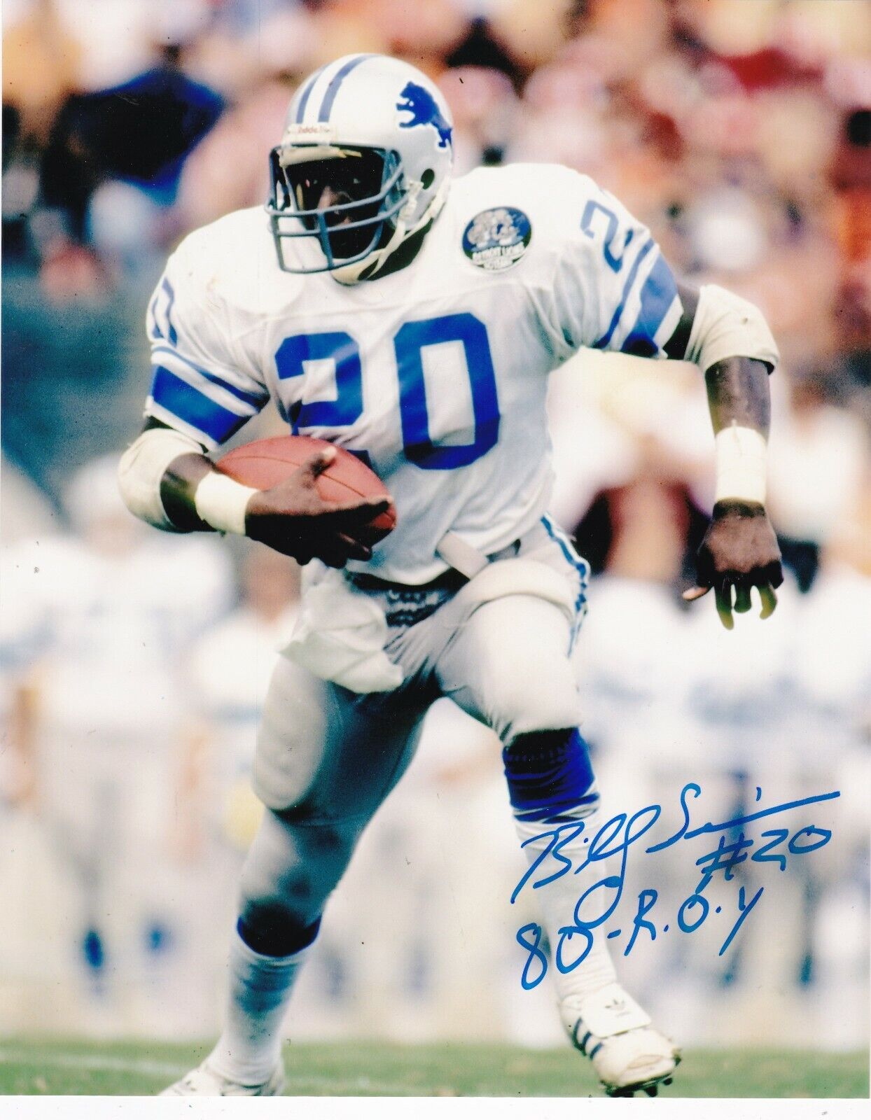 BILLY SIMS DETROIT LIONS 1980 ROY ACTION SIGNED 8x10