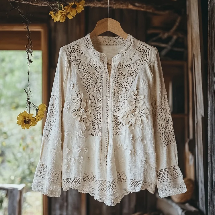 VChics Women's Retro Floral Lace Embroidery Art V-neck Shirt