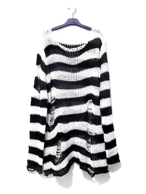   Gothic Unisex Fashion Stripe Color-block Ripped Knitted Striped Sweaters