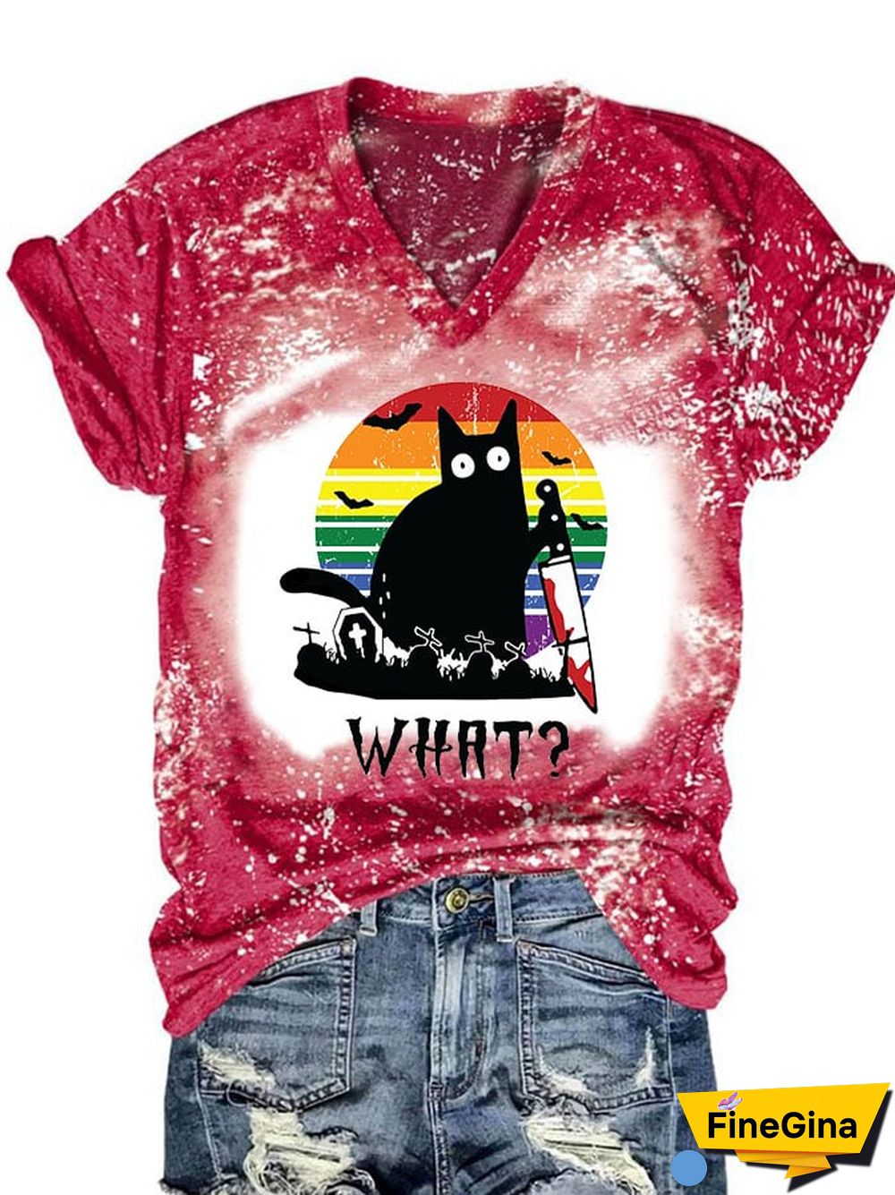 Women's Halloween Black Cat Print Short Sleeve T-Shirt