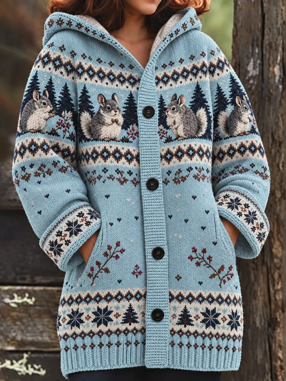 Comstylish Women's Vintage-style Icelandic Squirrel-pattern Jacquard Knit Hooded Cardigan