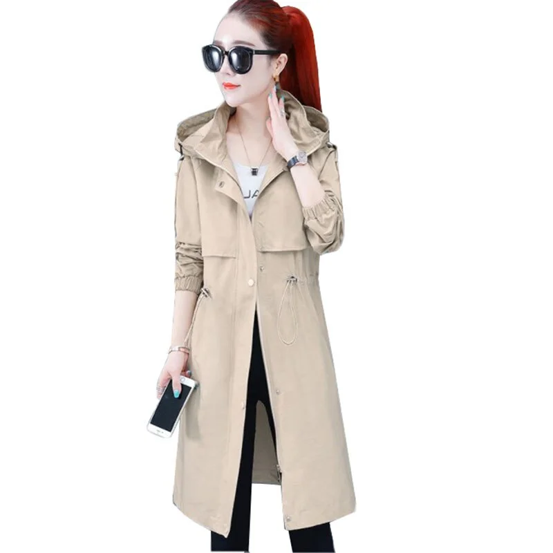 Khaki Long Trench Coat Spring 2020 Lace Up Waist Hooded Thin Overcoat Women Solid Elegant Coats Female Windbreakers Plus Size