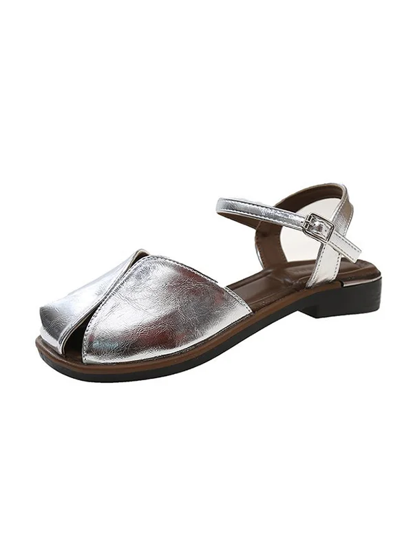 Belt Buckle Hollow Split-Joint Square-Toe Sandals Flat Shoes