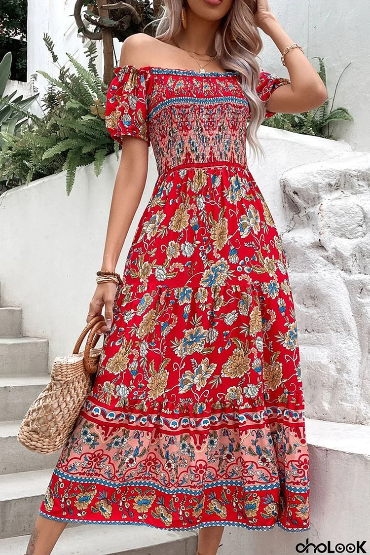 Floral Off-Shoulder Smocked Midi Dress