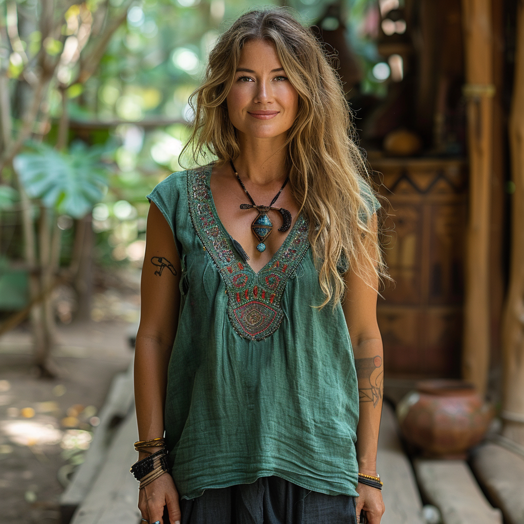 Woman - Ethnic Linen Top-inspireuse