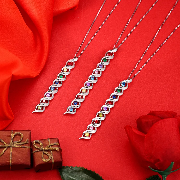 Personalized Birthstone Necklace Bracelet Set Cascading Pendant Heart Bangle Custom with 8 Birthstones 8 Names Christmas Gift