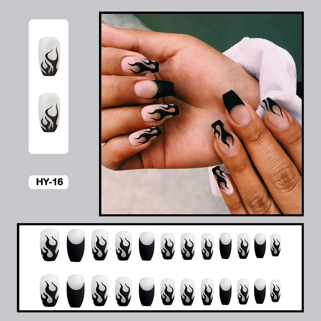 24PCS Dark Punk False Nails with Glue Gradient Long Detachable Fire Stick on Nails Skull Flame  Art DIY Fashion Manicure Tool-Nail Inspo