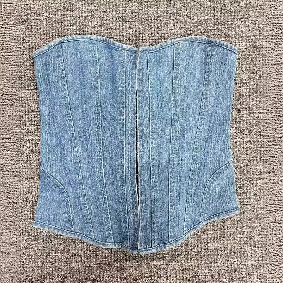 Churchf Churchf Spring / Summer 2023 Women's Wave Collar Fishbone Slim Strap Solid Color Denim Strapless Vest