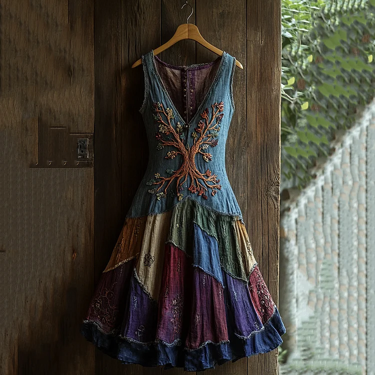 Women's Vintage Viking Celtic Knot Art Tree Of Life Linen Midi Dress