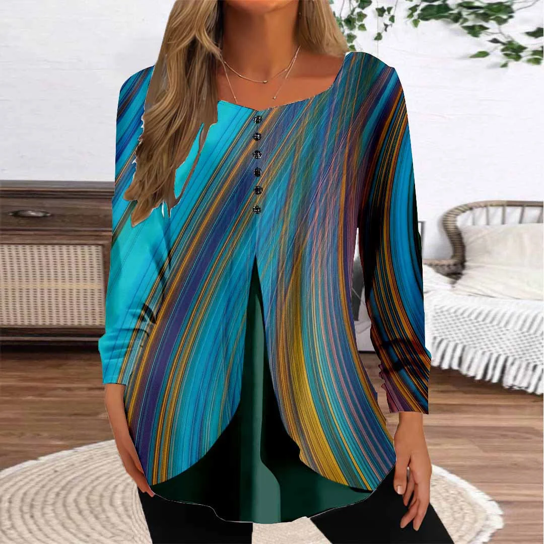 Women Striped,Blue DZGG8329 Long Sleeve Scoop Neck Printed Graphic Button Fake 2in1 Tops