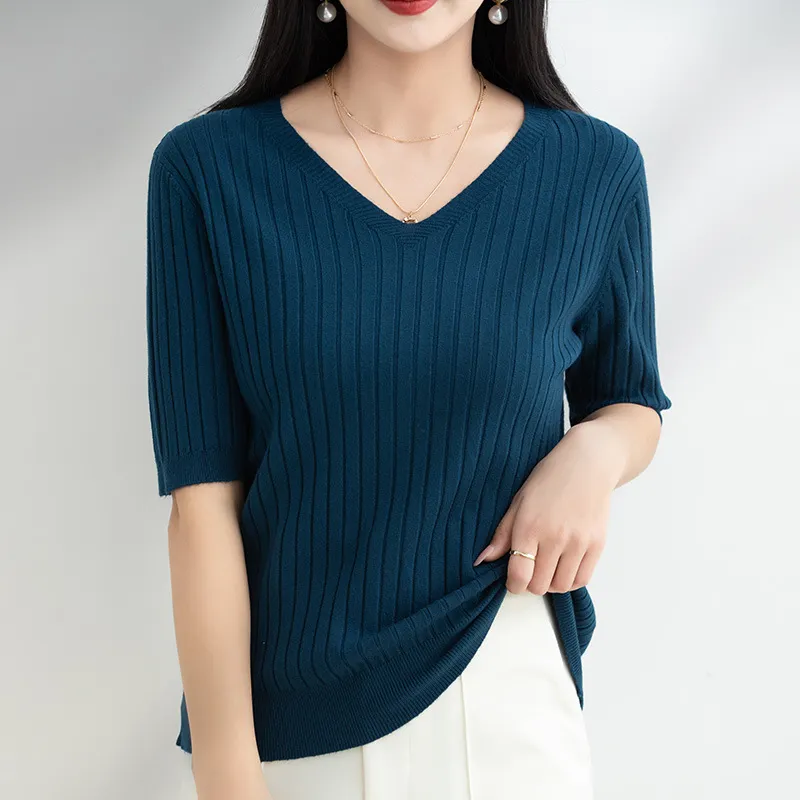 Churchf Churchf The Summer Of 2024, Women's Knit Short Sleeve Korean V-Neck Solid Color T-Shirt And A Pit Top