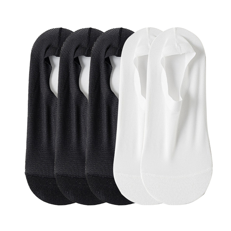 Coasfe 5 Pairs/Lot Men's Mesh Non-Slip Silicone Socks Summer Ice Silk Breathable Casual Short Black No Show Invisible Low Cut Socks