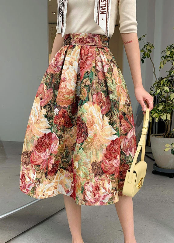 Women Floral Jacquard Patchwork Wrinkled Cotton A Line Skirt Spring