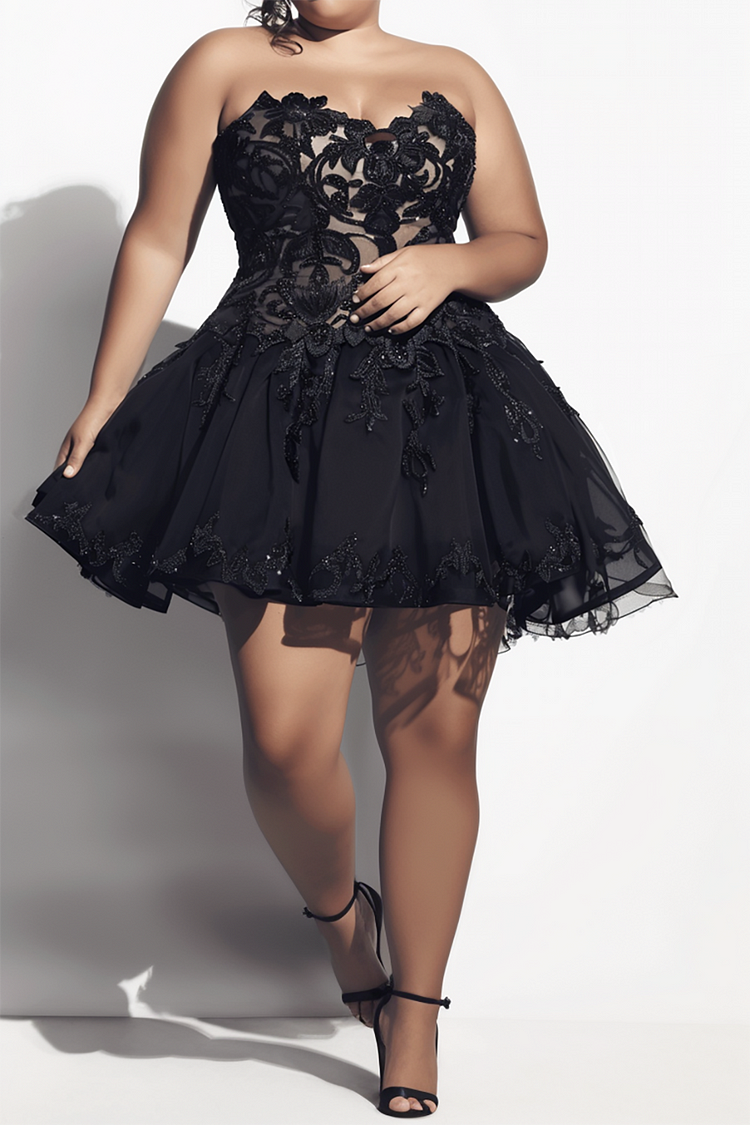 Xpluswear Design Plus Size Party Black Strapless Embroidery Lace Mini Dresses