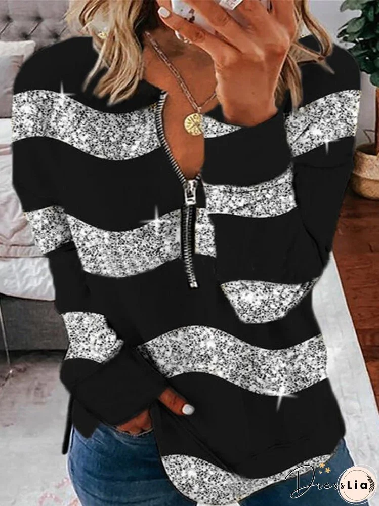 Women's T-Shirts Shiny Striped V-Neck Zippered Long Sleeve T-Shirt