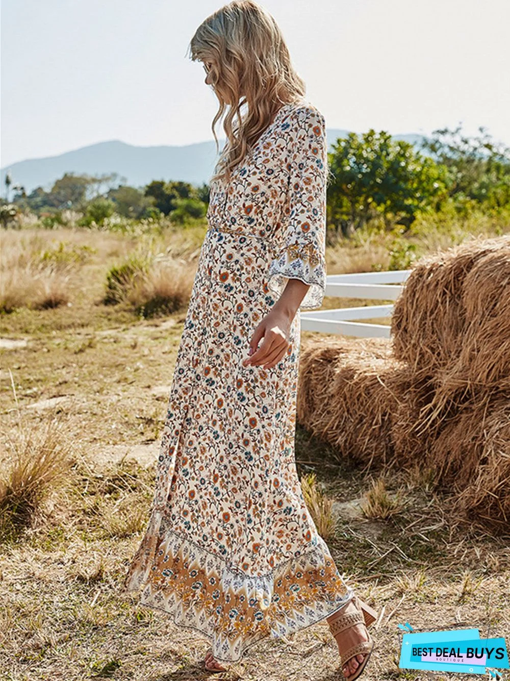 Bohemian Waist V-Neck Floral Skirt Knee Length Skirt