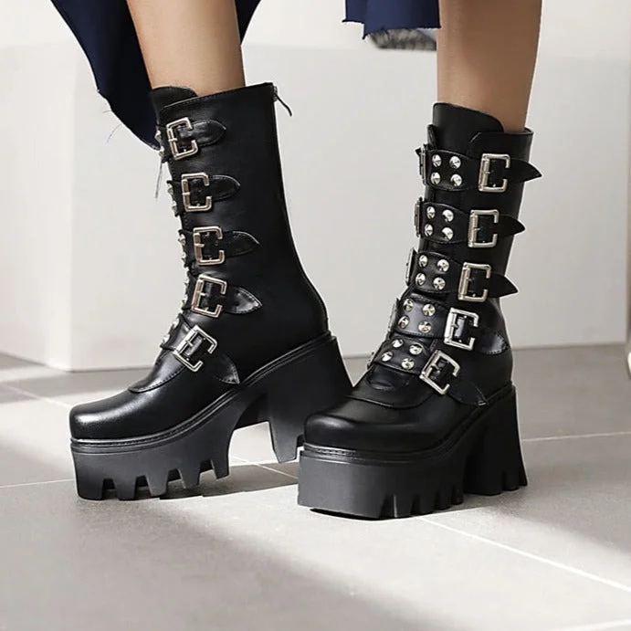 Vstacam Halloween Autumn Winter Gothic Punk Womens Platform Boots Black Blet Buckle Strap Creepers Platform Shoes With Zipper Military Boot