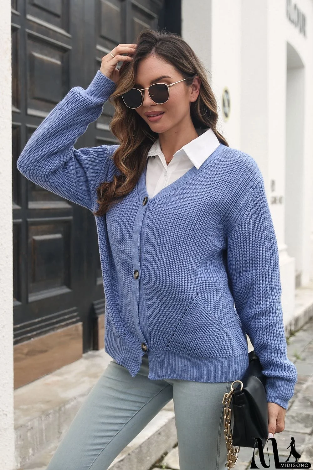 MidiSono - Button Down Ribbed Trim Cardigan