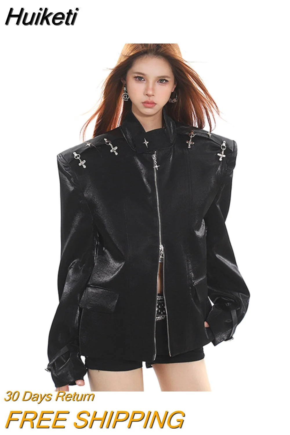 Huiketi Metallic Luster Women Blazers Fashion Flight Buckle Stand Collar Zipper Shoulder Pad Jacket Autumn 2023 New 5R4910