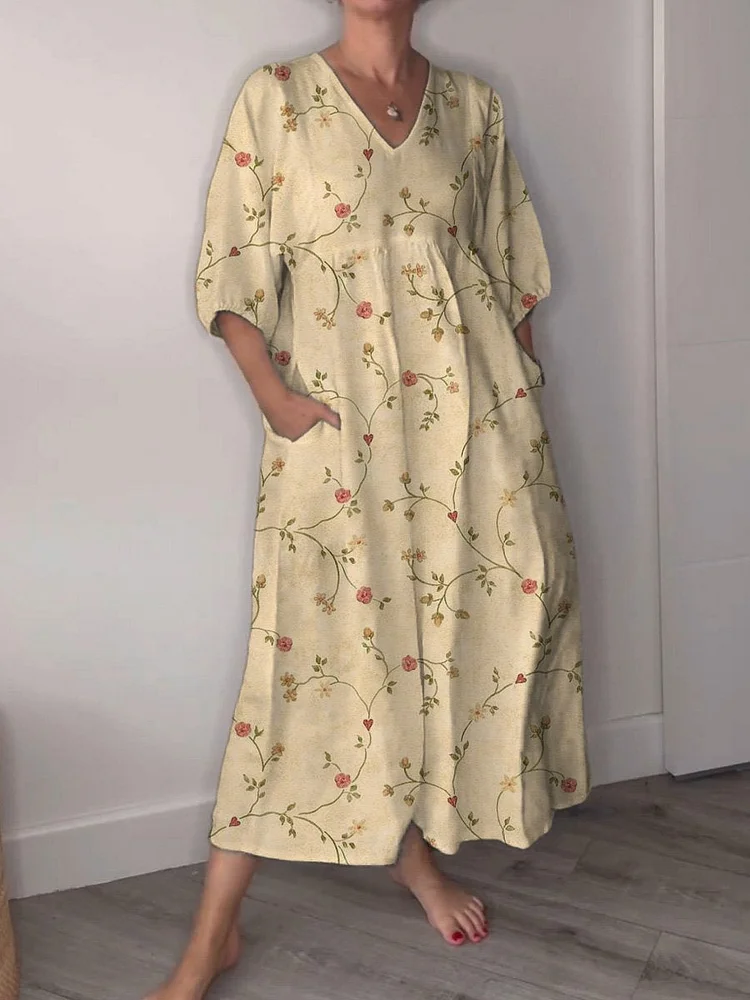 Simple Vintage Floral Pattern Printed Women's Pocket V-Neck Cotton Dress