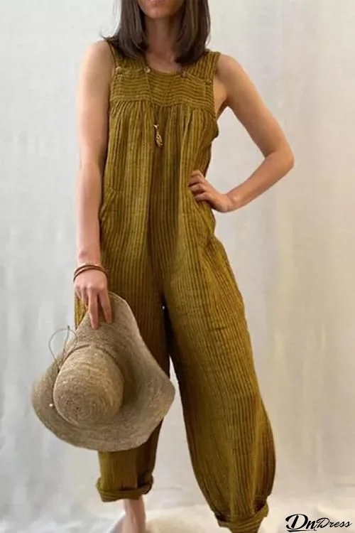 Solid Pockets Sleeveless Jumpsuits