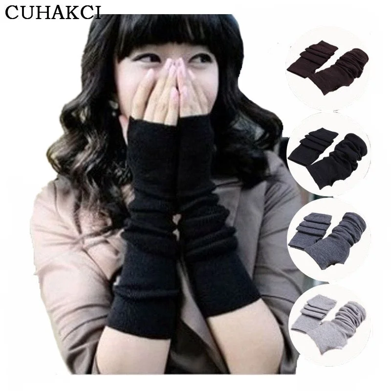 CUHAKCI Knitted Protection Fingerless Long Gloves Women Arm Warmers Solid Warm Mittens Half Finger Sleeves Black