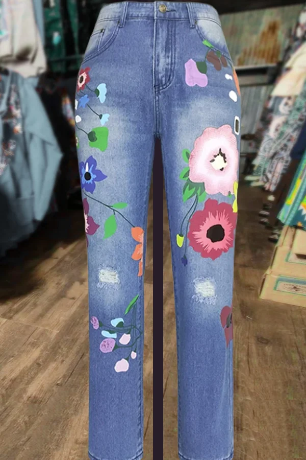 Casual Floral Print Denim Pants