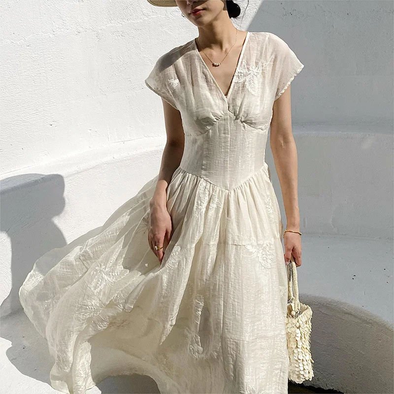Woherb French Dress Women's Design Embroidered Holiday Dress Fairy Fame Wind South Oil Women's New European Goods