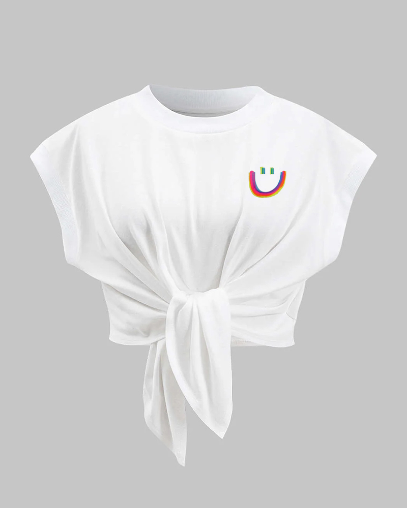 Women's Plus Size Pleated Lace-up Colorful Smiley Print Short Sleeve T-shirt