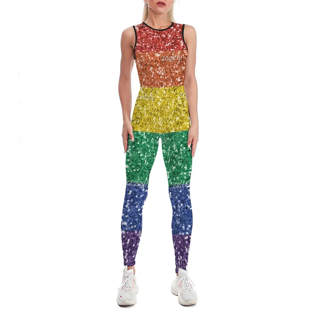 Rainbow Sequin Glitter Look Stripes Pride Bodycon Tank One Piece Jumpsuits Long Pant Retro Yoga Rompers Playsuit for Women