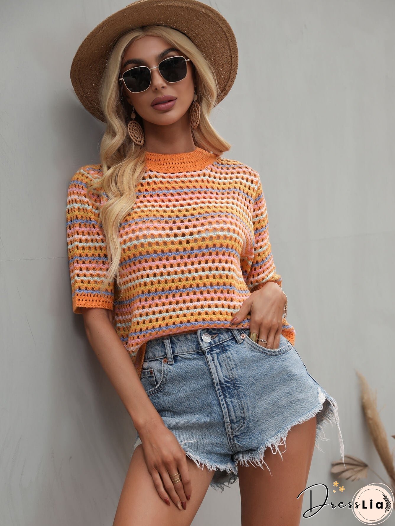 SAYLOR STRIPPED HALF SLEEVE KNIT TOP
