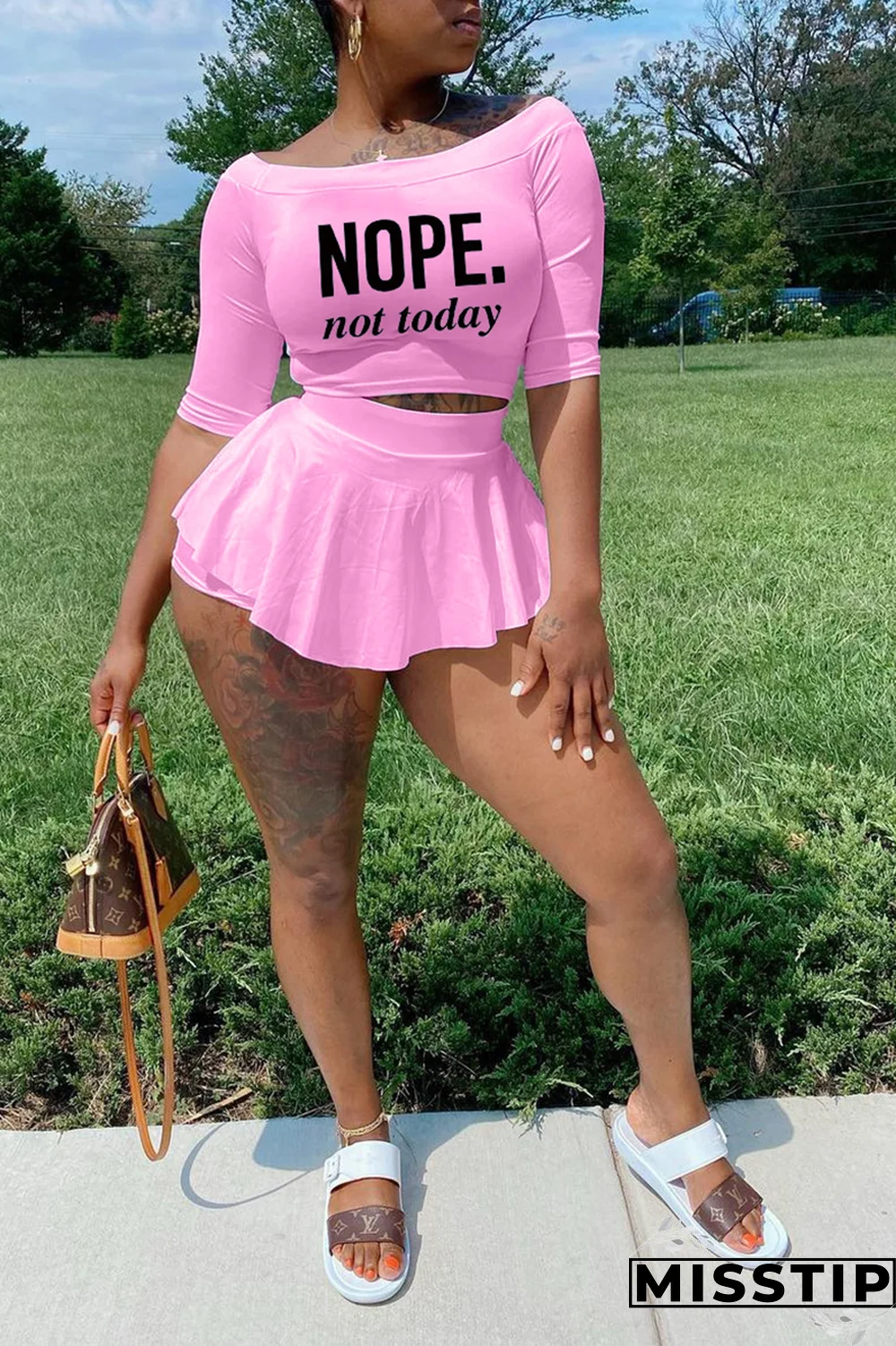 Black Fashion Print Flounce Off the Shoulder Three Quarter Two Pieces