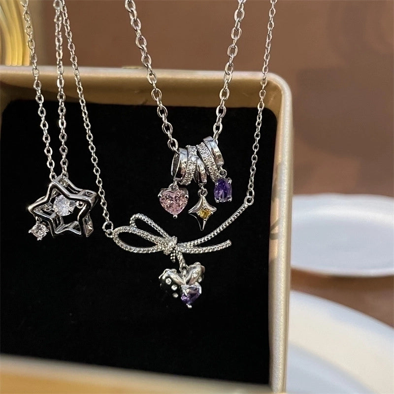 Minimalist Artistic Star Heart Shape Wings Steel Copper Inlay Opal Shell Zircon Pendant Necklace