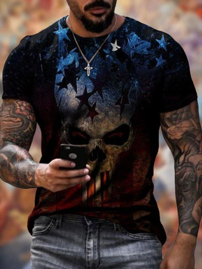 Men's street casual skull print short-sleeved T-shirt