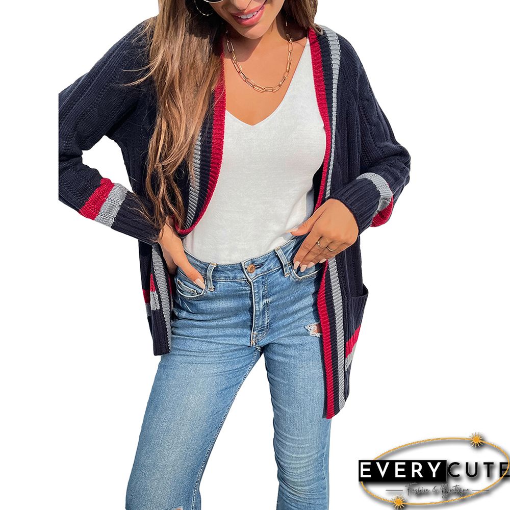 Navy Blue Striped Print Open Front Pocket Cardigan