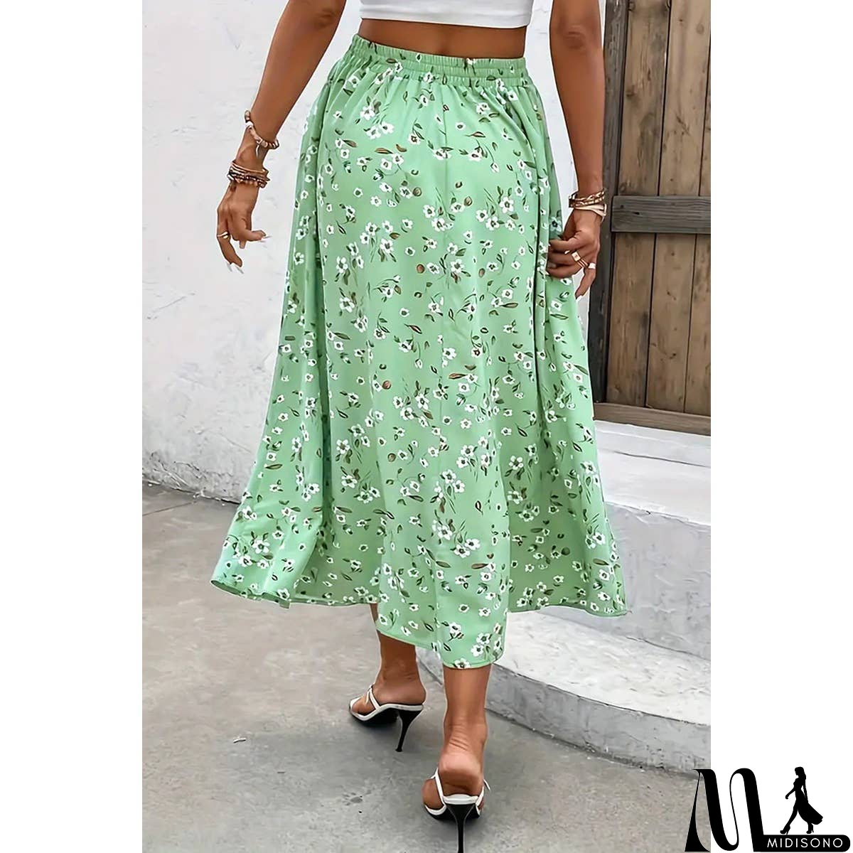 MidiSono - Plus Floral Print Drawstring Waist Fit Skirt