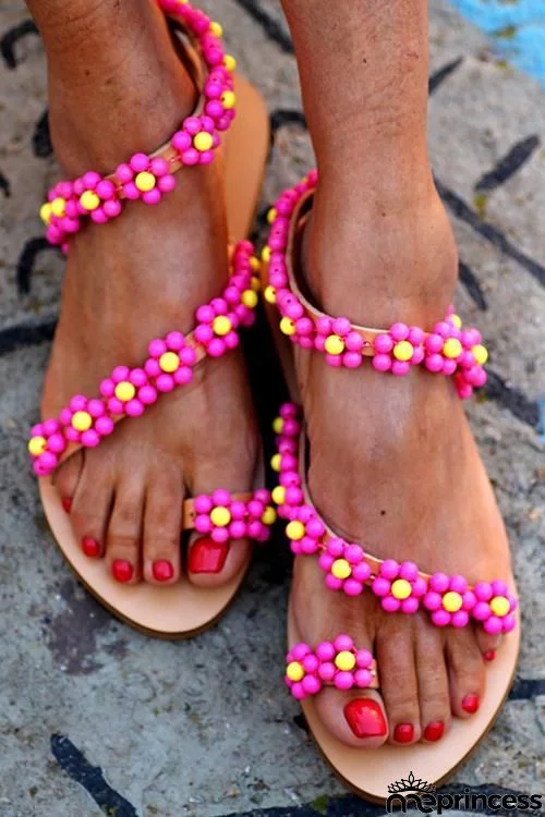 Beads Flower Flat Sandals