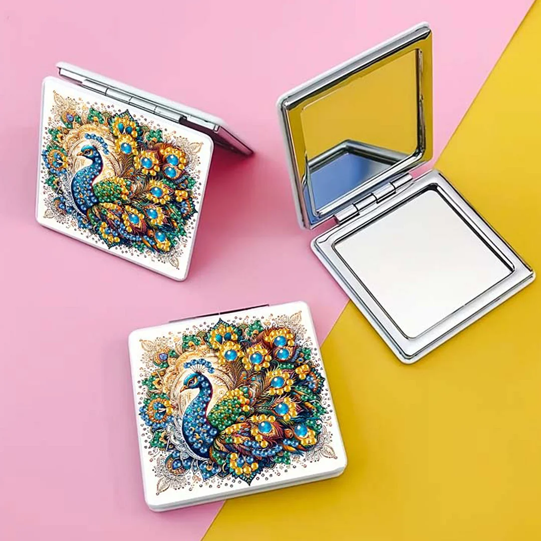Yellow Peacock DIY Special Shaped Diamond Painting Compact Mirror Kits Diamond Art Painting Pocket Mirror for Adults and Beginners