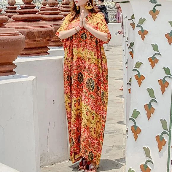 Modern v neck pockets summer quilting dresses design floral Kaftan Dress