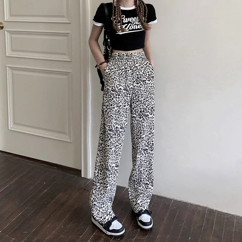 Summer Fashion Casual Slacks High Waist Pants Women Fashion Leopard Long Trousers Straight Sweatpants Streetwear